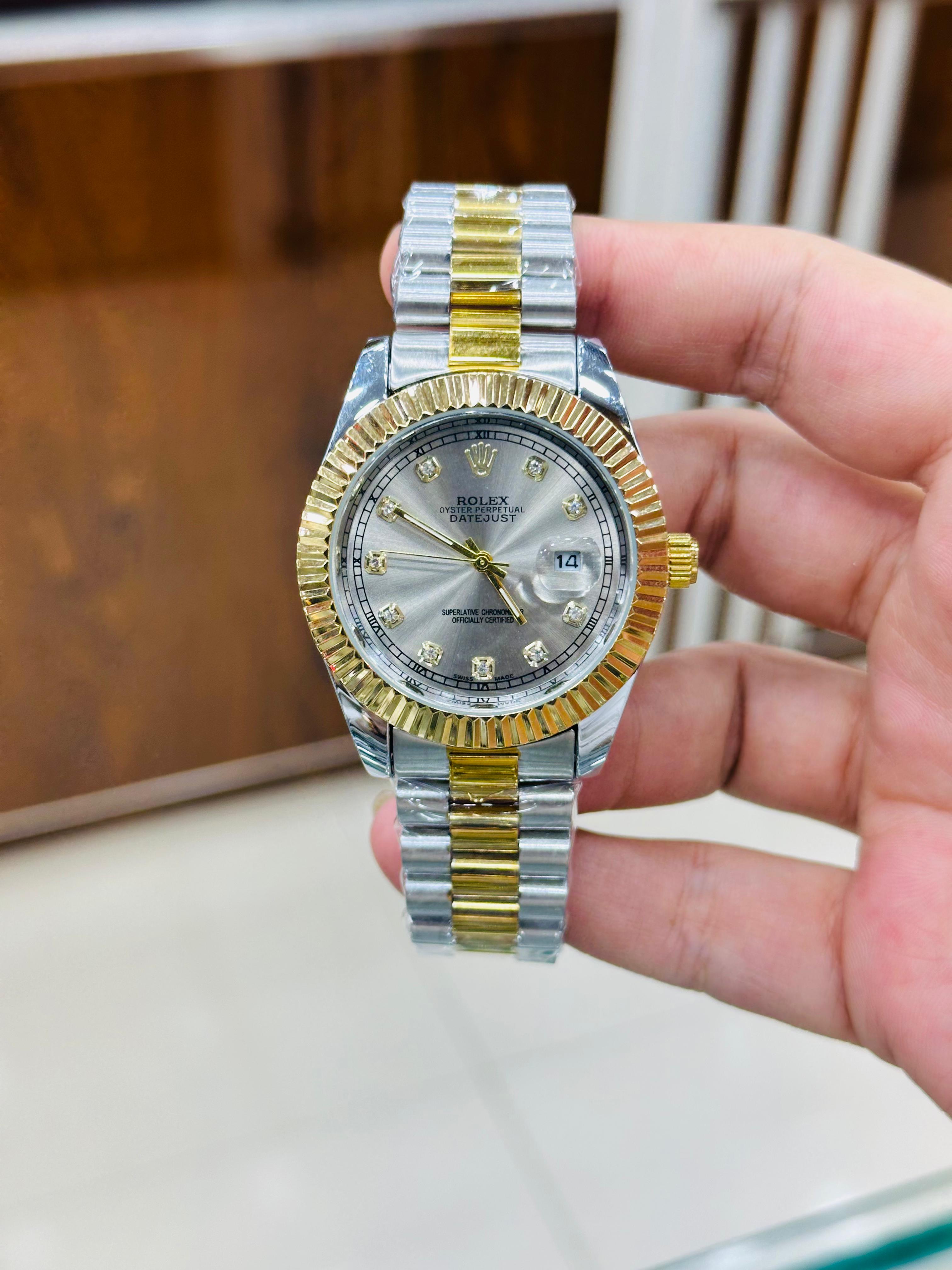 Jubilee Date Just Two Tone Diamond Fluted Gold Dial Quartz Watch